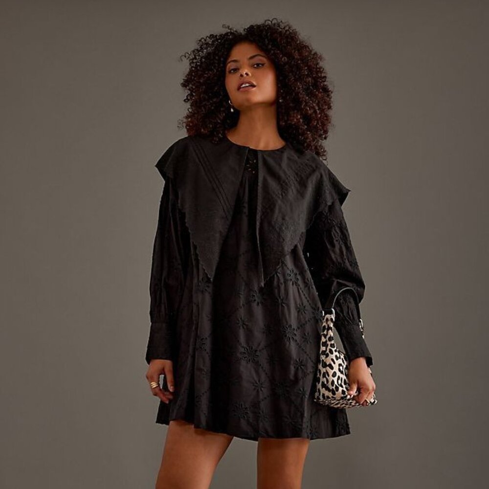 Damson Madder Clementine Embroidered Collared Mini Dress Sz UK 10 US 6 Black